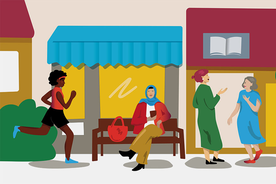 Das Bild zeigt eine Straßensituation vor einer Ladenzeile. Von links läuft eine Joggerin ins Bild. In der Mitte sitzt ein Muslimin auf einer Bank vor einem Schaufenster. Rechts von ihr unterhalten sich 2 stehende Frauen.