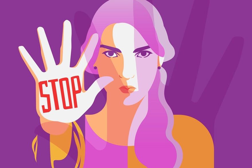 Zu sehen ist eine Grafik in lila-Tönen auf der eine Frau mit ernstem Blick nach vorne blickt und ihre Hand ausstreckt, auf der groß "STOP" steht.
